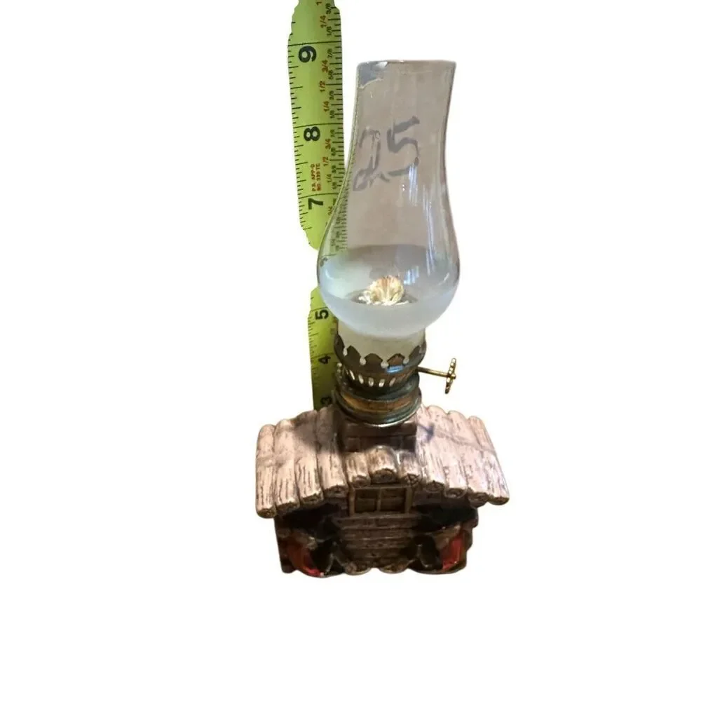 Vintage 1960s Ceramic Mini Log Cabin Mountain Men Kerosene Oil Lamp 8.5”